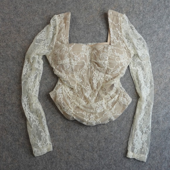 Madden Girl Tops - Romantic Sheer Lace Bustier Corset Top M Cream Floral Coquette Victorian Fairy